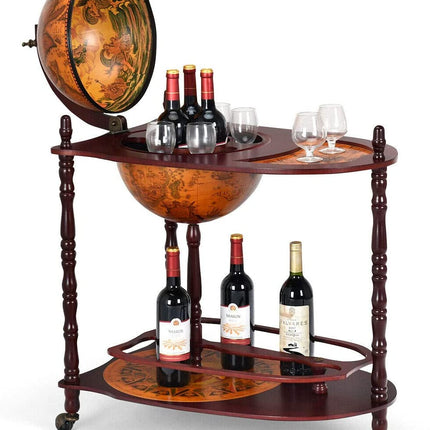 34" Wood Globe Wine Bar Stand 16th Century Italian Rack Bigger Shelf for More Liquor Bottle - GoplusUS