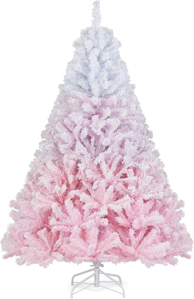 Goplus Artificial Unlit Hinged Xmas Full Tree with Lush Branch Tips Snow Flocked Christmas Tree