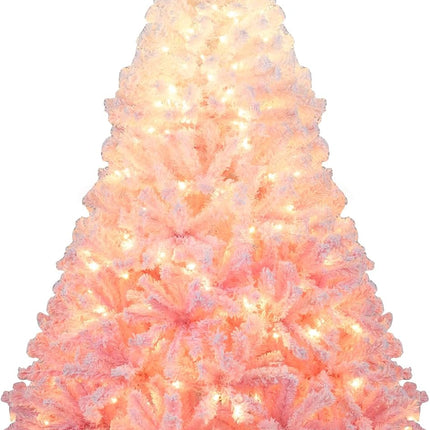 Goplus Pre-Lit Snow Flocked Christmas Tree Artificial Hinged Xmas Full Tree