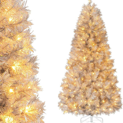 Goplus 5ft / 6ft /7ft  Pre-Lit Christmas Tree with Silver Tinsel Leaves & Upgraded Metal Stand