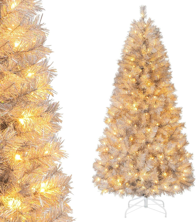 Goplus 5ft / 6ft /7ft  Pre-Lit Christmas Tree with Silver Tinsel Leaves & Upgraded Metal Stand