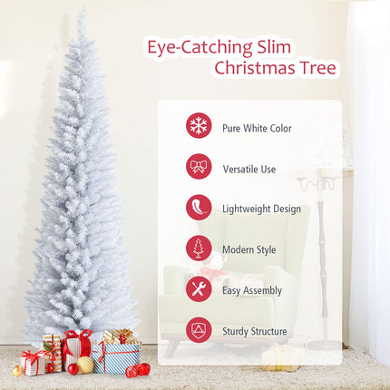 5FT / 6FT / 7FT Pencil Christmas Tree, Artificial Slim White Christmas Tree - GoplusUS