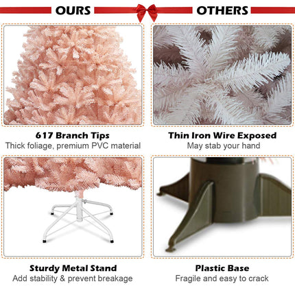 Artificial Pink Christmas Tree, 6ft/7ft Premium Unlit Hinged Spruce Full Tree - GoplusUS