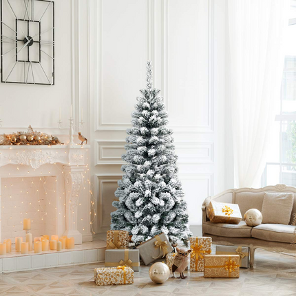 Goplus Artificial Snow Flocked Christmas Tree, Slim Xmas Snowy Tree for Indoor and Outdoor Use - GoplusUS