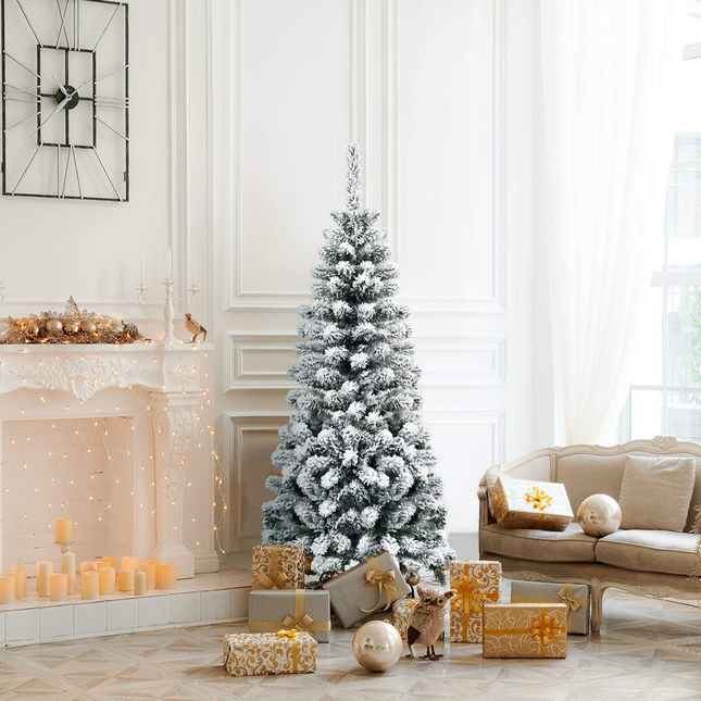 Goplus Artificial Snow Flocked Christmas Tree, Slim Xmas Snowy Tree for Indoor and Outdoor Use - GoplusUS
