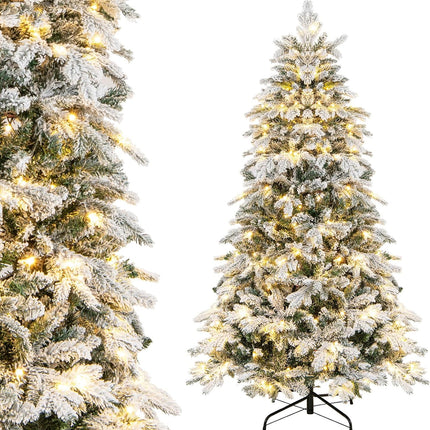 Goplus Pre-Lit Snow Flocked Christmas Tree, Artificial Hinged Xmas Tree with Branch Tips, PE & PVC Mixed Leaves