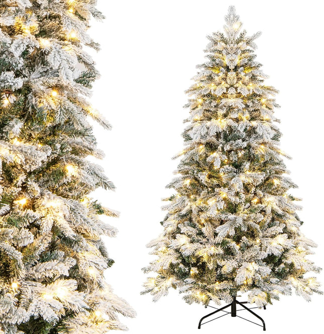 Goplus Pre-Lit Snow Flocked Christmas Tree, Artificial Hinged Xmas Tree with Branch Tips, PE & PVC Mixed Leaves