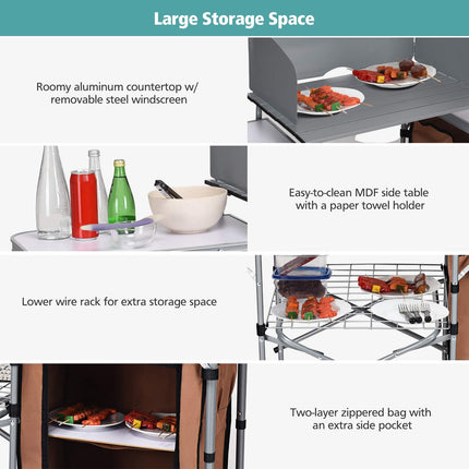 Folding Grill Table with Storage, Aluminum Outdoor Camping Kitchen Table with 26'' Tabletop - GoplusUS