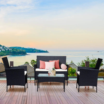 Rattan Sofa Furniture Set Outdoor Garden Patio 4-Piece Cushioned Seat Wicker (Black)