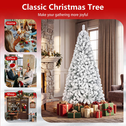 Goplus 6FT/7.5FT/9FT Artificial Christmas Tree | Unlit Flocked White Snow Xmas Tree Hinged
