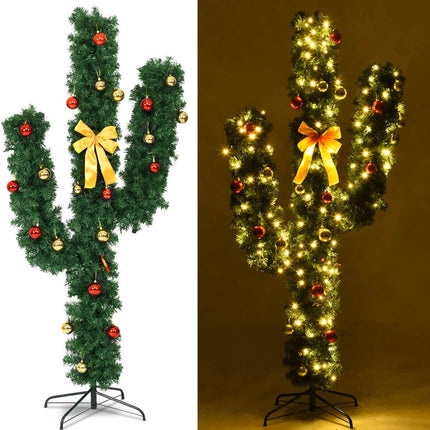 Pre-Lit Artificial Cactus Christmas Tree with LED Lights and Ball Ornaments -  Goplus