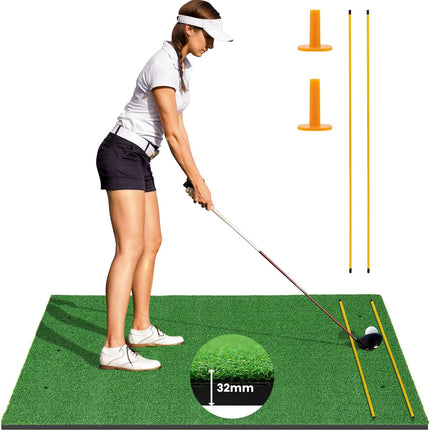 Goplus Golf Mat, 5x3ft/5x4ft Golf Hitting Mat 20/25/27/32mm Thick w/2 Alignment Sticks & 2 Golf Tees