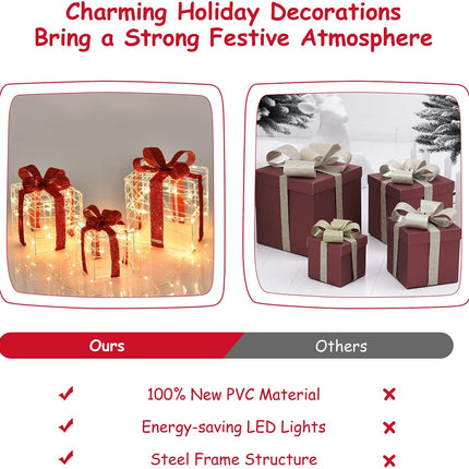 Lighted Gift Boxes Christmas Decoration, Set of 3 White Present Ornament Boxes with 60 LED Lights - GoplusUS