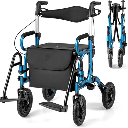 2 in 1 Folding Rolling Rollator Walker & Wheelchair Combo with Brakes