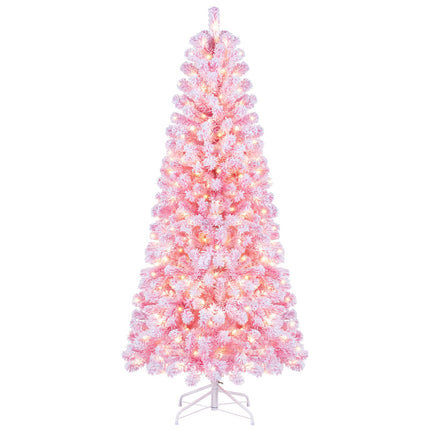 Goplus 5ft/6ft/7ft Pink Pre-Lit Flocked Christmas Trees | Holiday Decoration Tree for Home Office Party