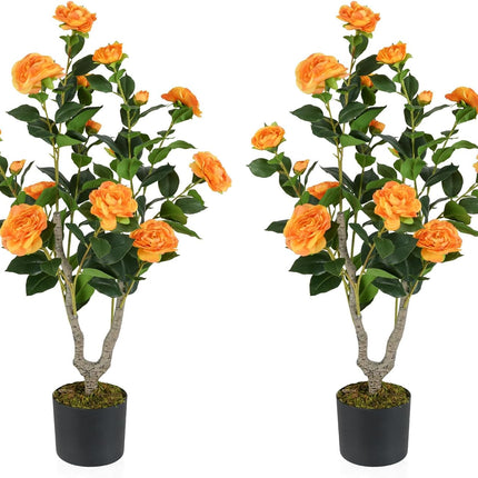 Goplus 36’’ Artificial Camellia Tree Faux Floral Plant Blooming Tree in Nursery Pot