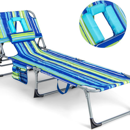 Beach Chaise Lounge with Face Hole, Folding Recliner  Black/Gray/Sky Blue/Navy