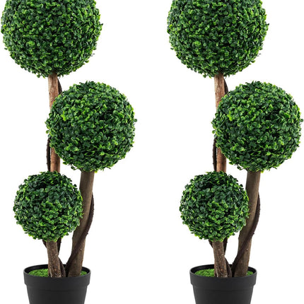 Goplus 3ft Artificial Boxwood Topiary Ball Tree, Faux Potted Plants with Solid Wood Trunks