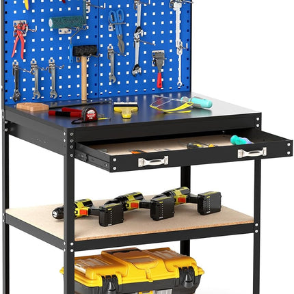 Goplus Workbench with Pegboard, 32" x 16" Multi-use Workbench with 2 Tires of Shelves, Topping Space