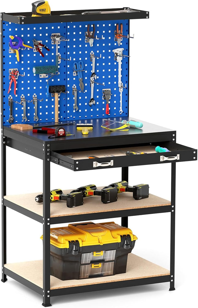 Goplus Workbench with Pegboard, 32" x 16" Multi-use Workbench with 2 Tires of Shelves, Topping Space