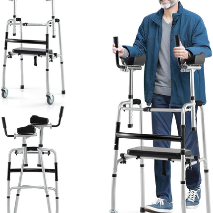 Goplus 450 Lbs Foldable Standard Walker with 5" Wheels and Removable Armrests
