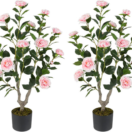 Goplus 36’’ Artificial Camellia Tree Faux Floral Plant Blooming Tree in Nursery Pot