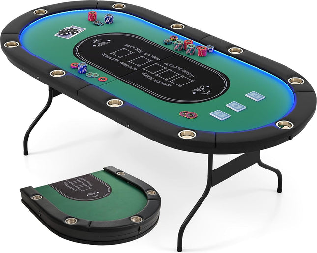 Goplus 84" Foldable Poker Table with LED Lights 10 Players Card Board Game Table