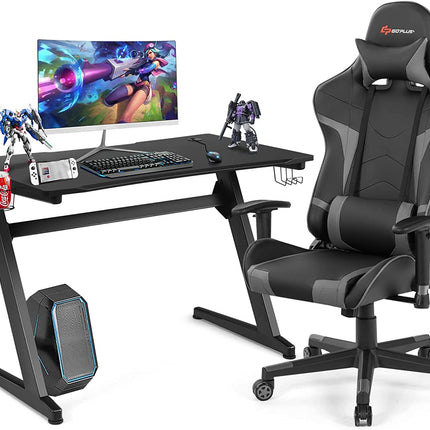 Goplus Gaming Desk & Chair Combo Set, Racing Style Home Office Chair & Desk w/Cup Holder, Headphone Hook & Mouse Pad - GoplusUS