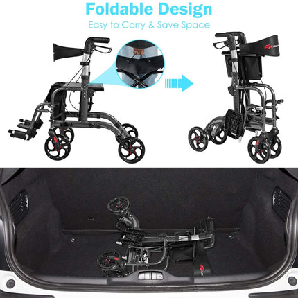 2 in 1 Folding Rollator Walker, 4 Wheel Medical Rolling Walker - GoplusUS