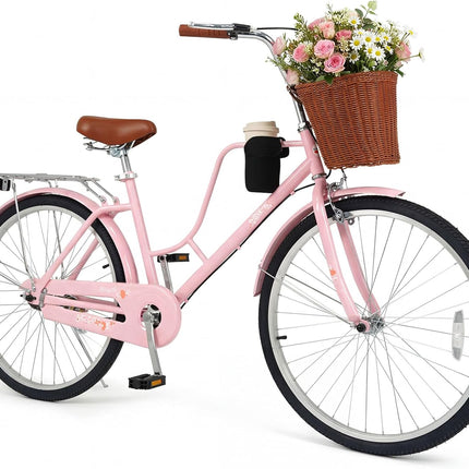 Goplus 24/26 Inch Beach Cruiser Bike w/Basket & Cup Holder for Teens Adults Ladies