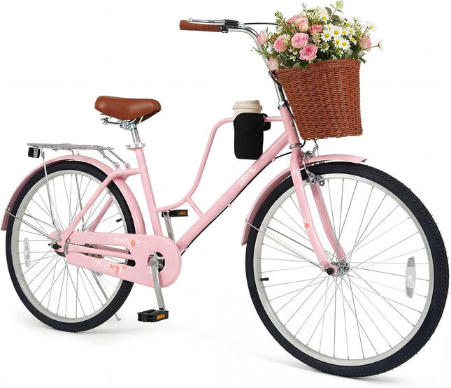 Goplus 24/26 Inch Beach Cruiser Bike w/Basket & Cup Holder for Teens Adults Ladies