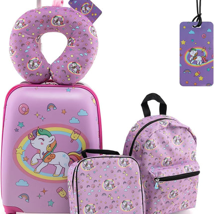 Goplus 5 Piece Kid’s Luggage Set, 15” Carry on Suitcase w/13” Backpack, Neck Pillow, Lunch Bag