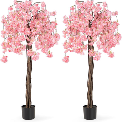 Goplus 5.5FT Artificial Cherry Blossom Tree Faux Floral Plant Blooming Tree in Nursery Pot