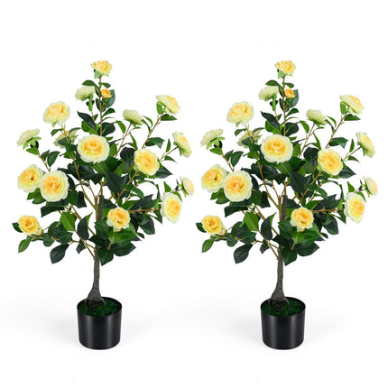 Goplus 35.5" Artificial Camellia Tree Faux Floral Plant Blooming Tree in Cement Pot (1/2 Pack)