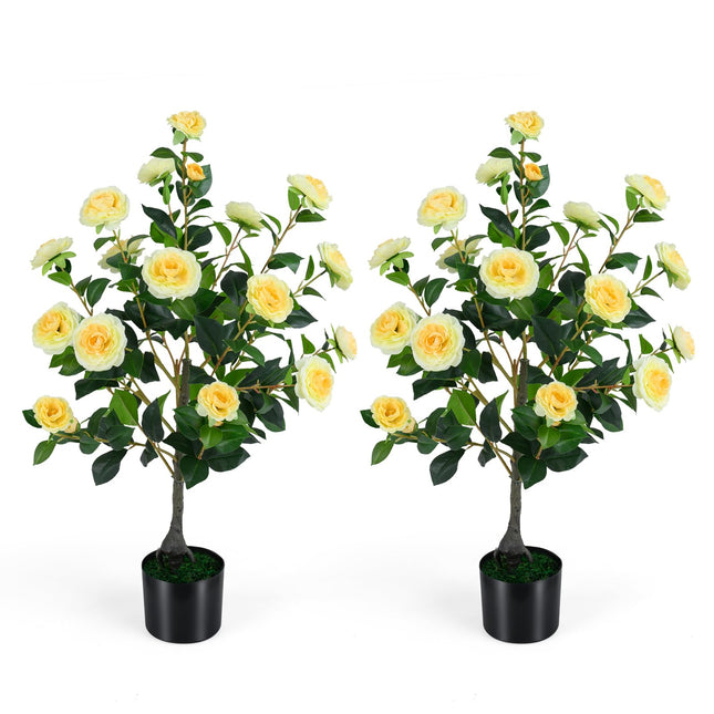 Goplus 35.5" Artificial Camellia Tree Faux Floral Plant Blooming Tree in Cement Pot (1/2 Pack)