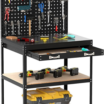 Goplus Workbench with Pegboard, 32" x 16" Multi-use Workbench with 2 Tires of Shelves, Topping Space