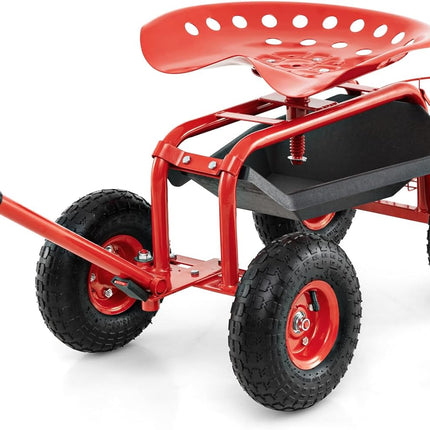 Goplus Garden Cart Gardening Workseat w/Wheels, Rolling Work Seat with Tool Tray & Basket, Length Adjustable Hook Handle