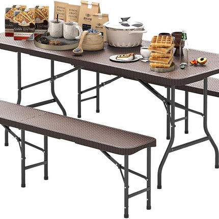 Goplus 6 FT 3-Piece Portable Picnic Table Bench Set, Weather-Resistant Plastic Folding Picnic Tables with Benches