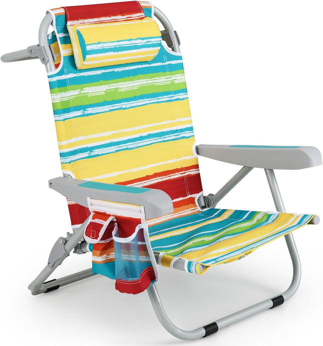 Goplus Folding Backpack Beach Chairs, Aluminum Sling Camping Chair with 5-Position Backrest, Towel Hanging Rack