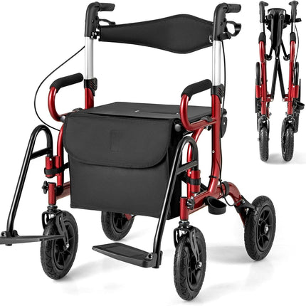 2 in 1 Folding Rolling Rollator Walker & Wheelchair Combo with Brakes