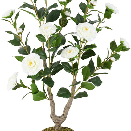 Goplus 36’’ Artificial Camellia Tree Faux Floral Plant Blooming Tree in Nursery Pot