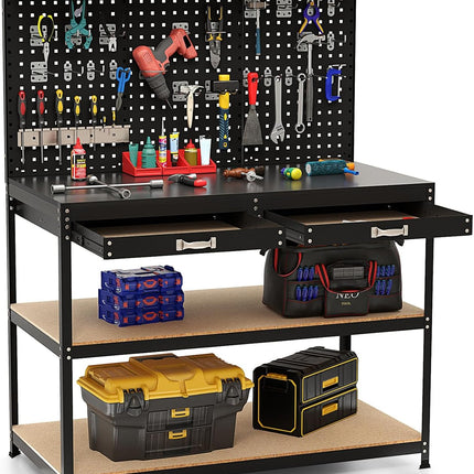Goplus Workbench, Work Table with Drawer, Pegboard, Hanging Accessories, Topping Space, 48" x 24" with Drawer