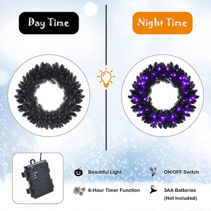 24' Black Halloween Wreath, Pre-lit Artificial Christmas Wreath - GoplusUS