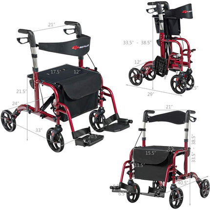 2 in 1 Folding Rollator Walker, 4 Wheel Medical Rolling Walker - GoplusUS