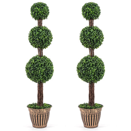 Goplus 4 FT Artificial Triple Ball Boxwood Tree w/Cement-Filled Retro Planter & Real Vines (1/2 Pack)