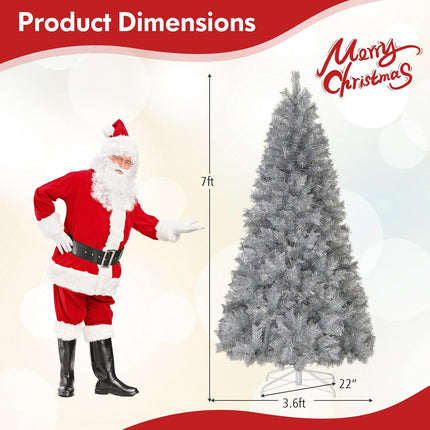 Goplus 5ft / 6ft /7ft  Pre-Lit Christmas Tree with Silver Tinsel Leaves & Upgraded Metal Stand