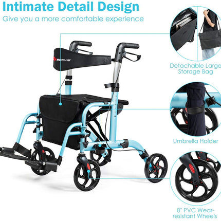 2 in 1 Folding Rollator Walker, 4 Wheel Medical Rolling Walker - GoplusUS