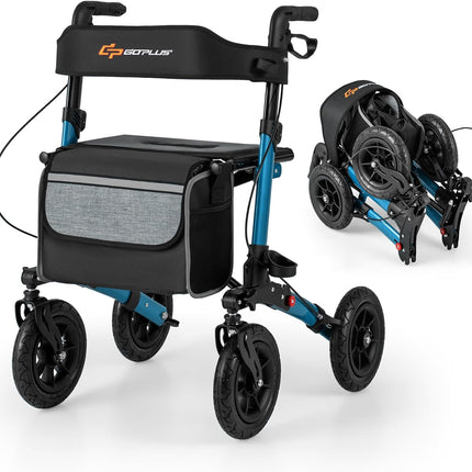Goplus 2 in 1 Folding Rolling Rollator Walker with 9" Pneumatic Tires for All Terrain