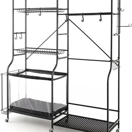 Goplus Garage Sports Equipment Organizer, Ball Storage Rack w/Rolling Wheels, Basket, Adjustable Shelves