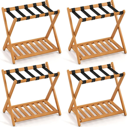 Goplus Folding Solid Wood Suitcase Stand with Storage Shelf No Assembly Required